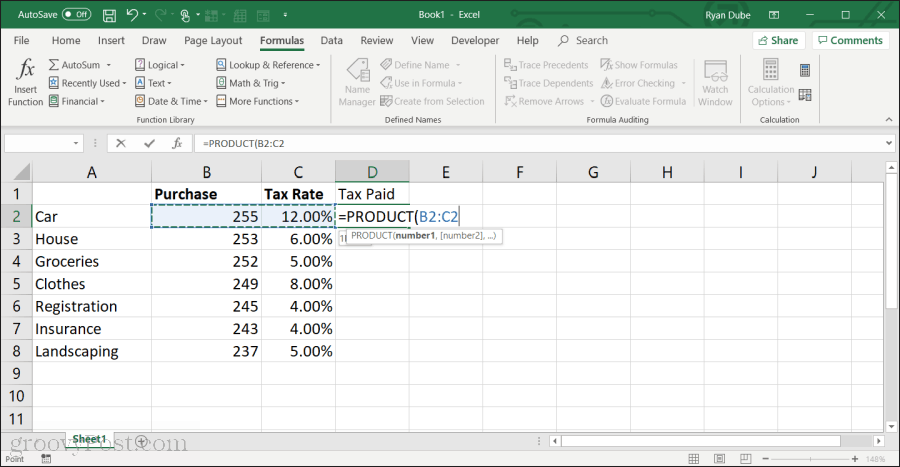 utilizzando la funzione del prodotto in Excel