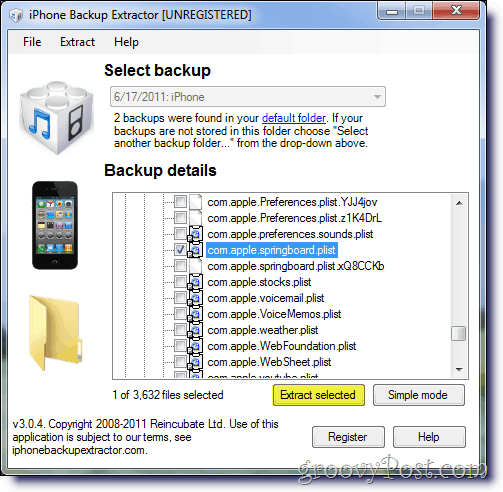 iPhone Backup Extractor seleziona il trampolino di lancio per Apple .plist