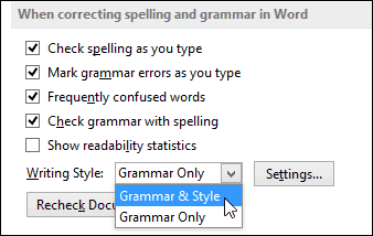 Word 2013 configura la grammatica e lo stile a discesa