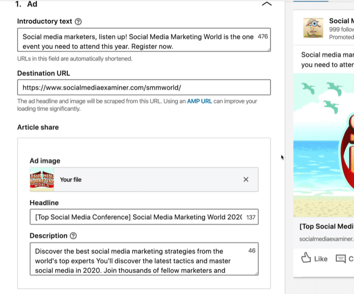 screenshot del testo introduttivo, URL di destinazione, titolo e campi di descrizione per l'annuncio LinkedIn
