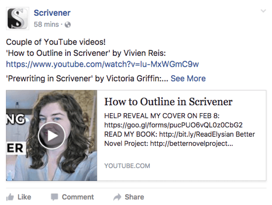 Scrivener condivide un video di YouTube che gli utenti potrebbero apprezzare sulla sua pagina Facebook.