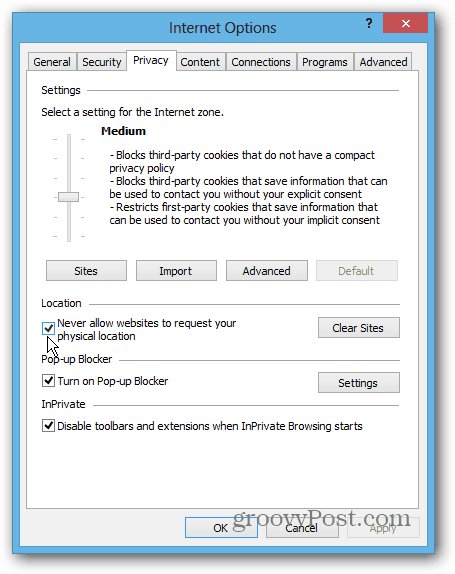 Privacy desktop IE 10 Win8