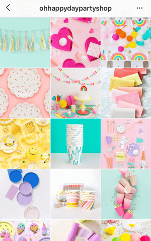 Come migliorare le tue foto di Instagram, esempio di tema del feed di Instagram da Oh Happy Day Party Shop che mostra una tavolozza di colori vivaci