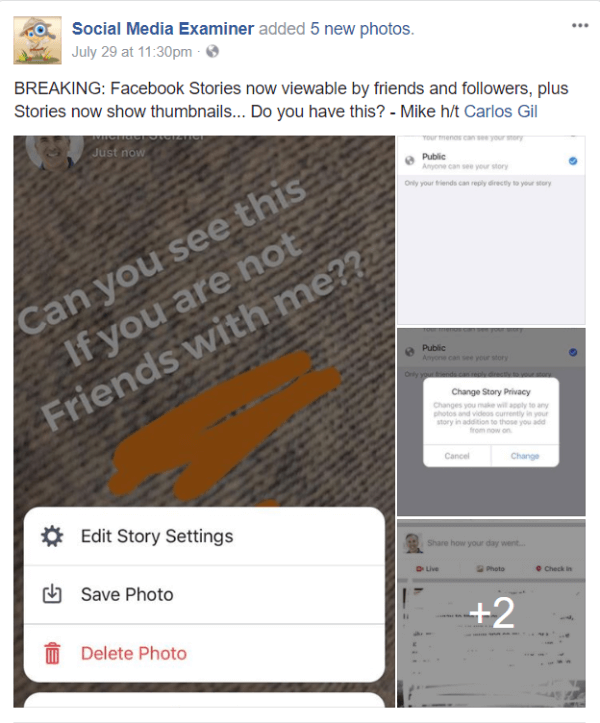 Facebook distribuisce la condivisione pubblica e le immagini in miniatura per le storie.