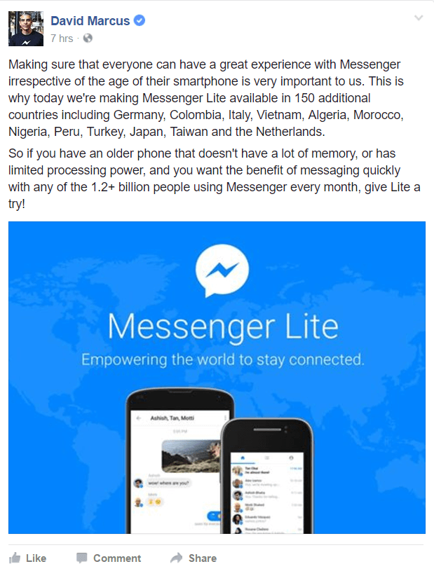 Facebook Messenger Lite è ora disponibile in più paesi in tutto il mondo.