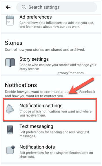 Opzione impostazioni di notifica mobile di Facebook