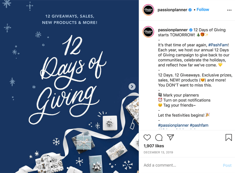 esempio di un concorso giveaway su Instagram per i 12 giorni di donazioni da parte di @passionplanner che annuncia che il giveaway inizia il giorno successivo