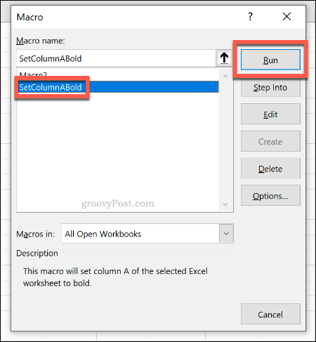 Il menu di selezione macro per eseguire una macro in Excel