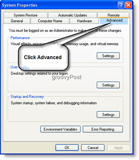 Proprietà del sistema Impostazioni avanzate Windows XP