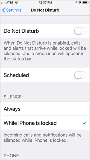 Questo è uno screenshot delle impostazioni di Non disturbare di iOS. La prima opzione è attivare o disattivare Non disturbare. In questo screenshot, l