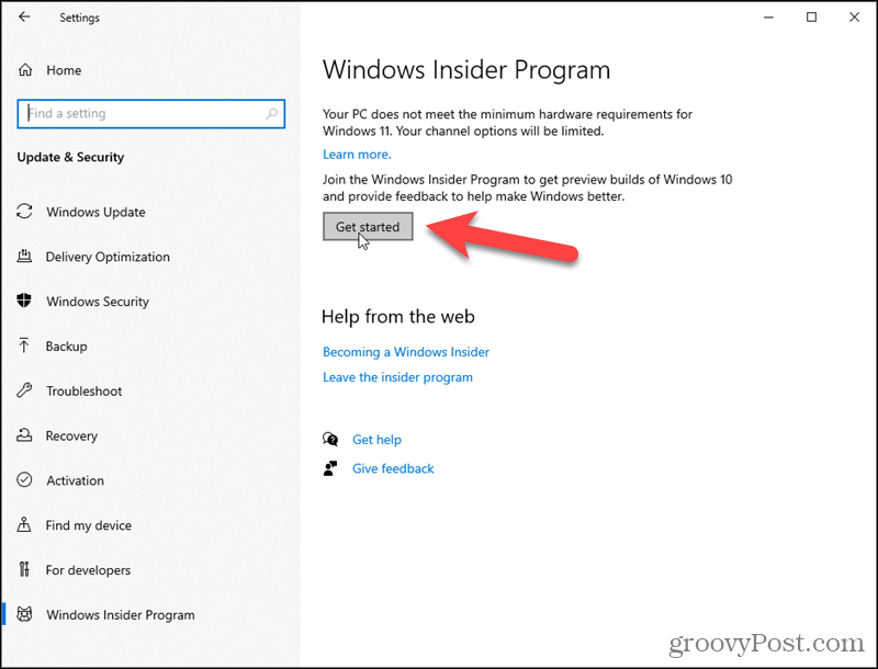 Fare clic su Inizia per il programma Windows Insider
