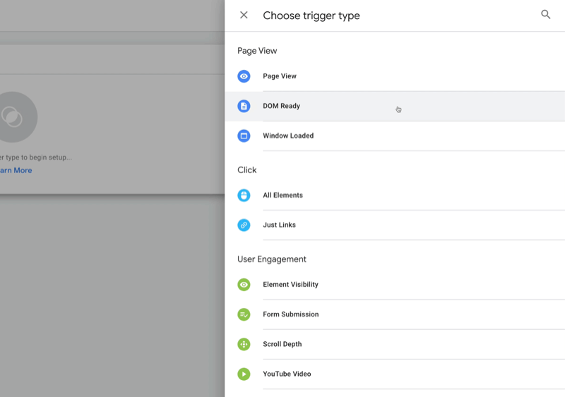 nuovo tag google tag manager con opzioni di menu scegli un tipo di trigger, tra cui visualizzazione pagina, dom ready, tutti gli elementi, invio modulo e profondità di scorrimento, tra gli altri
