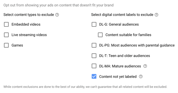 Come impostare una campagna di annunci YouTube, passaggio 15, impostare i tipi esclusi e le opzioni di etichetta