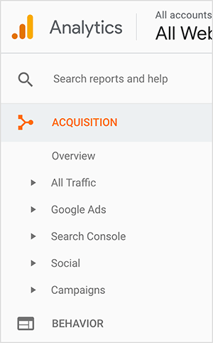 Questo è uno screenshot della barra laterale di Google Analytics. Il logo appare in alto a sinistra. È un punto arancione accanto a una barra arancione e poi una barra gialla più alta, che suggerisce un grafico a barre. Dall