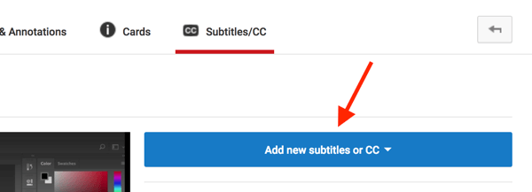 Apri il tuo video di YouTube in Video Creator e fai clic su Aggiungi nuovi sottotitoli o CC.