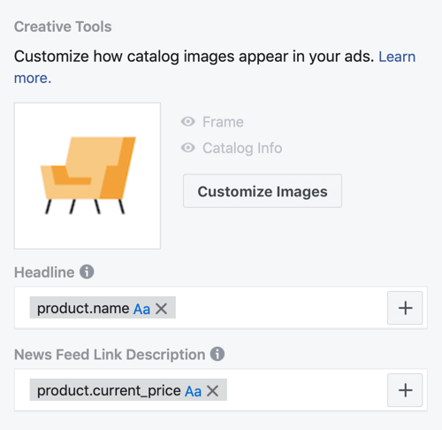 Utilizzare lo strumento di configurazione degli eventi di Facebook, passaggio 30, opzioni di menu per personalizzare la modalità di visualizzazione delle immagini del catalogo negli annunci di Facebook