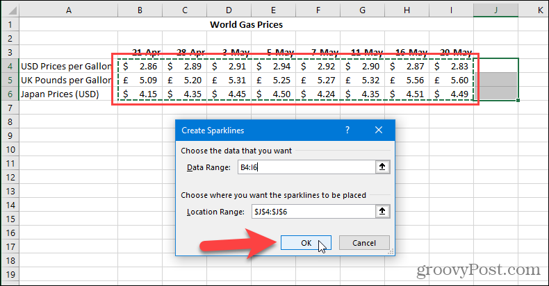 Finestra di dialogo Crea sparkline in Excel