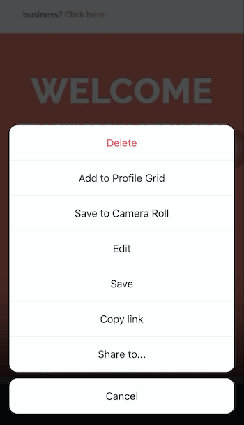 screenshot di bobine di instagram che condividono le opzioni del menu che offrono la possibilità di condividere sul proprio profilo, rullino fotografico, copiare il collegamento o condividere su ...