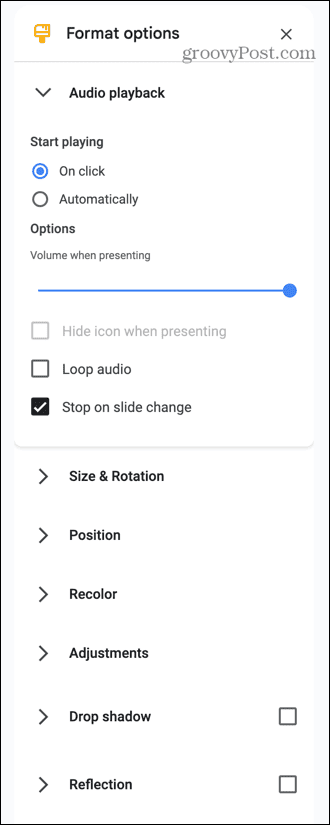 opzioni audio diapositive di google