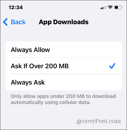 dimensione del download dell'app