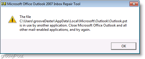 Schermata - Finestra del messaggio di riparazione di ScanPST di Outlook 2007