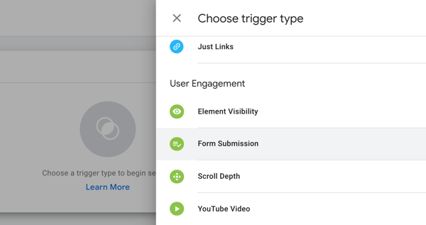 Utilizza Google Tag Manager con Facebook, passaggio 19, opzioni di menu per scegliere il tipo di trigger in Google Tag Manager