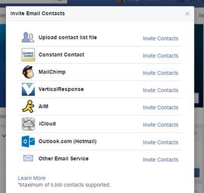 funzione di importazione dei contatti e-mail della pagina Facebook