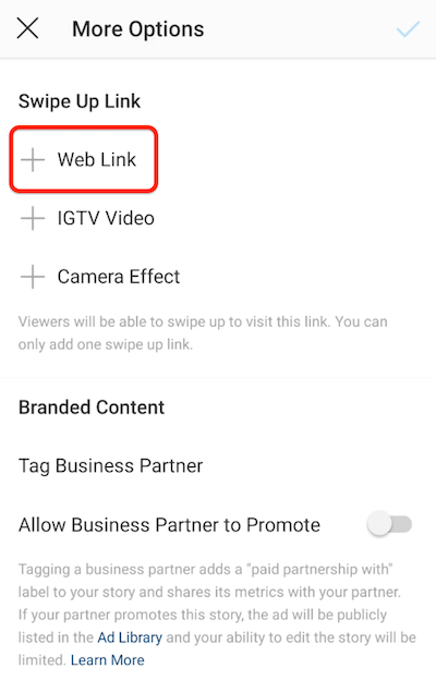 Opzioni del menu Instagram per aggiungere un collegamento a scorrimento con l'opzione di collegamento Web evidenziata