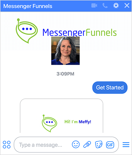 Il bot Messenger Funnels ha una foto del logo Messenger Funnels, che è una bolla di conversazione verde a forma di imbuto con una piccola antenna e tre punti blu scuro nell