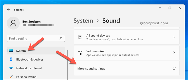 Apertura del menu Altre impostazioni audio su Windows 11