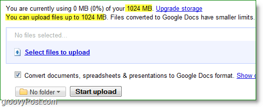 google docs nuovo upload qualunque limite è 1024mb o 1GB