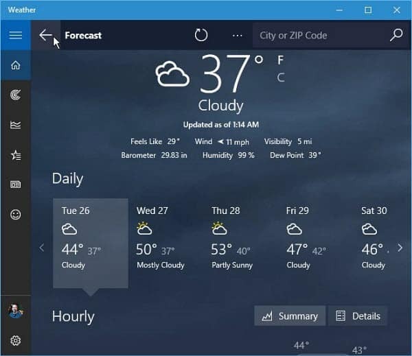 Previsioni dell'app meteo di Windows 10