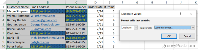 Duplicati formattati personalizzati in Excel
