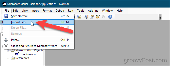Vai a File> Importa file nell'editor VBA in Word
