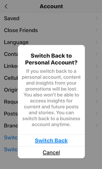 Tornare all'account personale? messaggio di avviso per Instagram