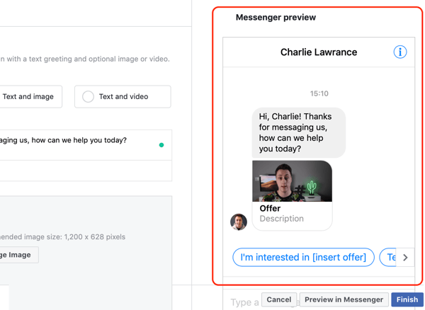 Come indirizzare lead caldi con gli annunci di Facebook Messenger, passaggio 14, anteprima del modello personalizzato di destinazione Messenger