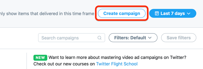 screenshot dell'account Twitter Ads e l'opzione per creare una campagna