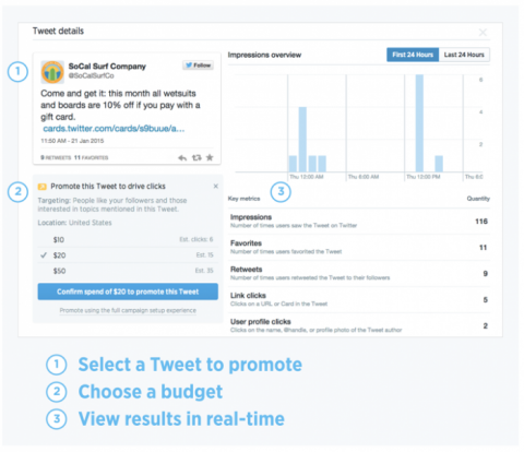 "Puoi utilizzare la promozione rapida per amplificare i tuoi Tweet con le migliori prestazioni direttamente dalla dashboard delle attività dei Tweet."