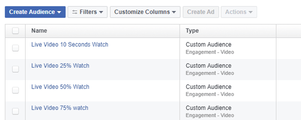 In Facebook Ads Manager, utilizza lo strumento Segmenti di pubblico per definire un pubblico di retargeting in base alle visualizzazioni dei video di Facebook Live.