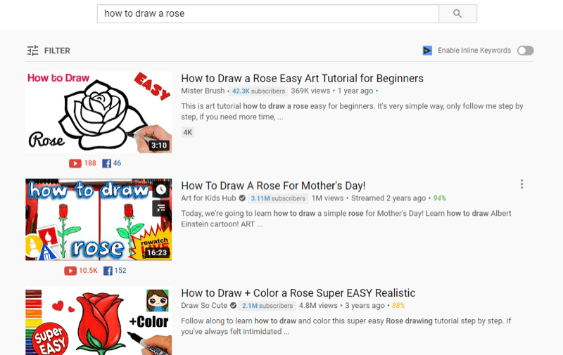 esempio di video di YouTube in alto nei risultati di ricerca di YouTube per "come disegnare una rosa"