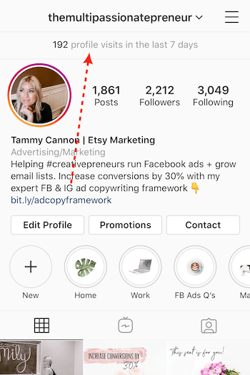 numero di visite al profilo elencate nella parte superiore del profilo aziendale di Instagram