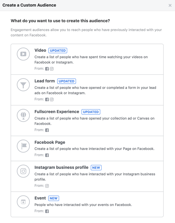 Opzioni per cosa vuoi usare per creare questo pubblico per il tuo pubblico personalizzato di Facebook.