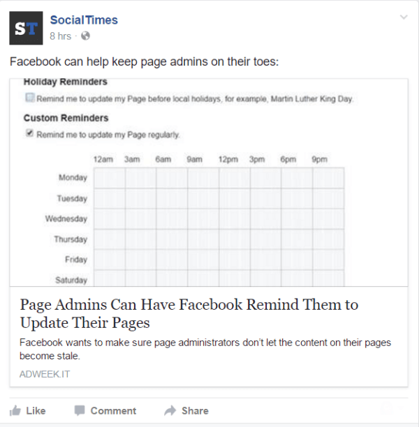 Facebook aggiunge la possibilità di impostare promemoria per gli amministratori delle pagine.
