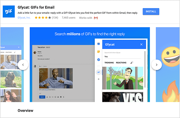Questo è uno screenshot di Gfycat: GIFs for Email, un componente aggiuntivo di Gmail. In alto a sinistra dell