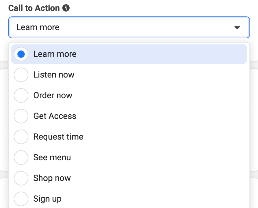 immagine delle opzioni del pulsante Call to Action in Meta Ads Manager