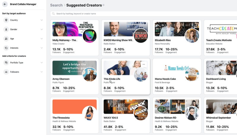 cercare potenziali creatori di contenuti in Brand Collabs Manager