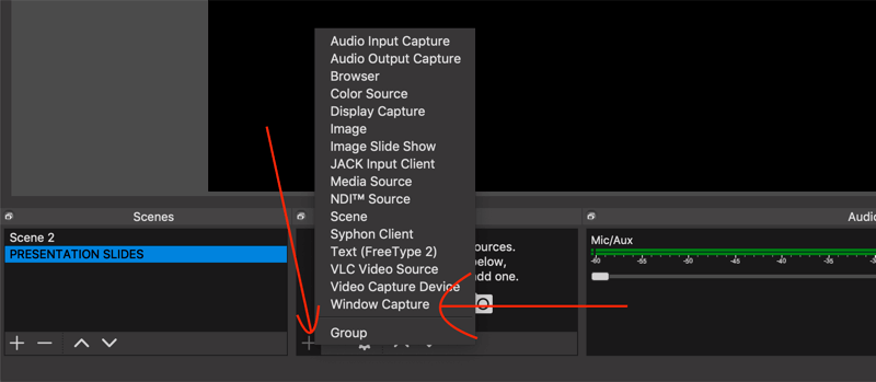 selezionare l'opzione Window Capture in OBS Studio