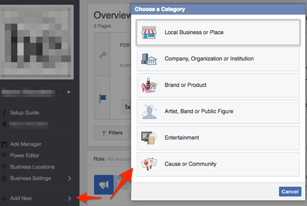 pagina Facebook scegli la categoria dell'attività