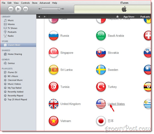 iTunes: fai clic su Bandiera degli Stati Uniti
