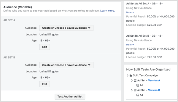 Split test che esegue i tuoi annunci di Facebook a due o più segmenti di pubblico.